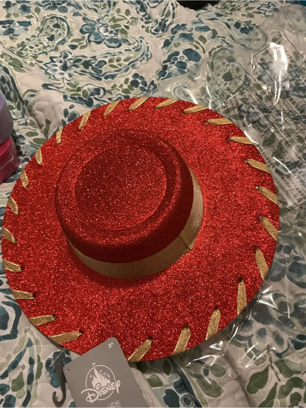 Disney Red Glitter Sombrero Hat with Gold Trim